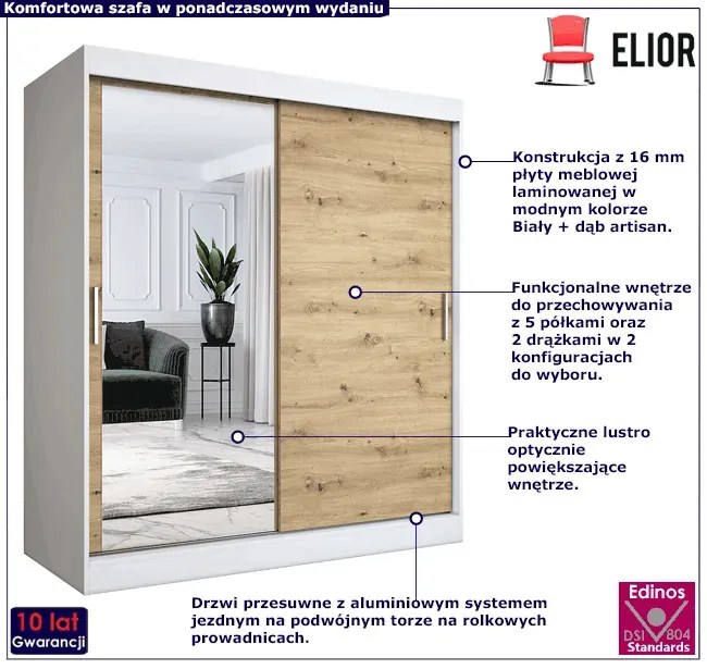 Szafa przesuwna biały + dąb artisan 180 cm - Seko 5X