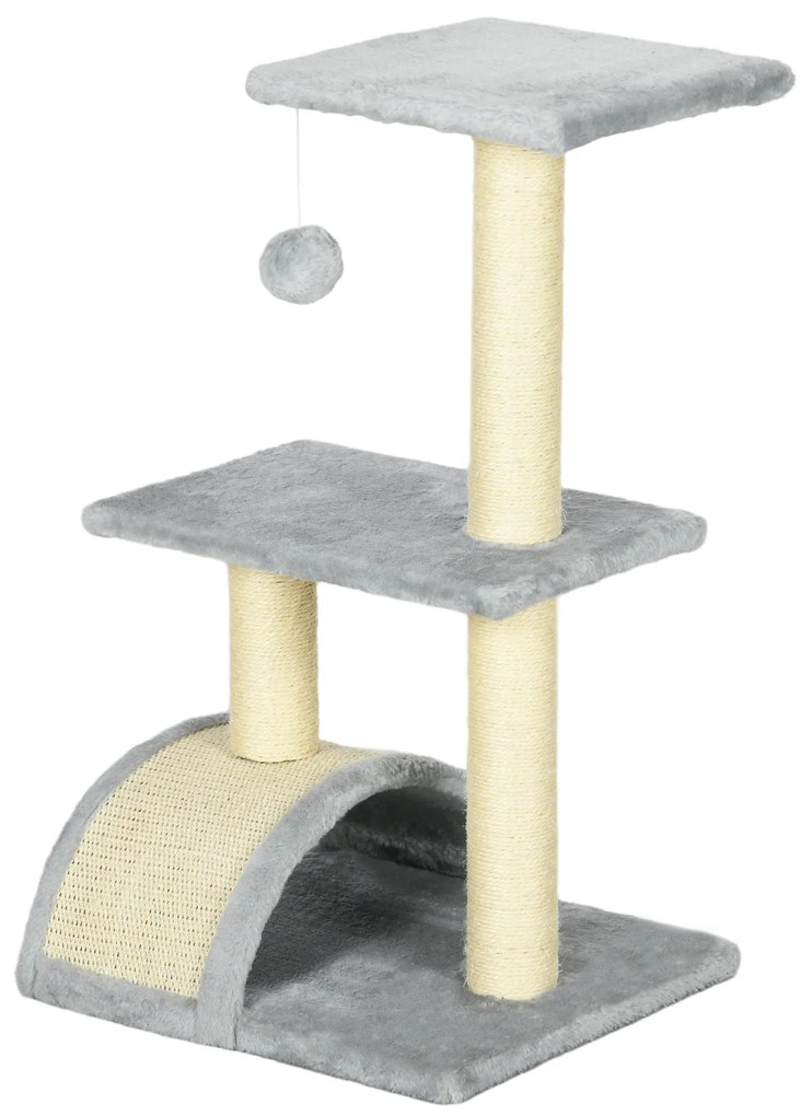 PawHut Drapak dla Kota 72 cm z Kulkami Pluszowymi, Słupkami z Sizalu, Platformą, Deską Jasnoszary