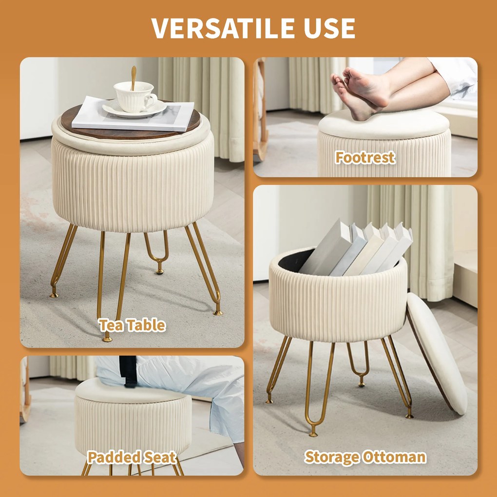 HOMCOM 2-w-1 Hoker z miejscem do przechowywania na metalowych nogach, okrągły podnóżek do salonu, sypialni, przedpokoju, Kremowy