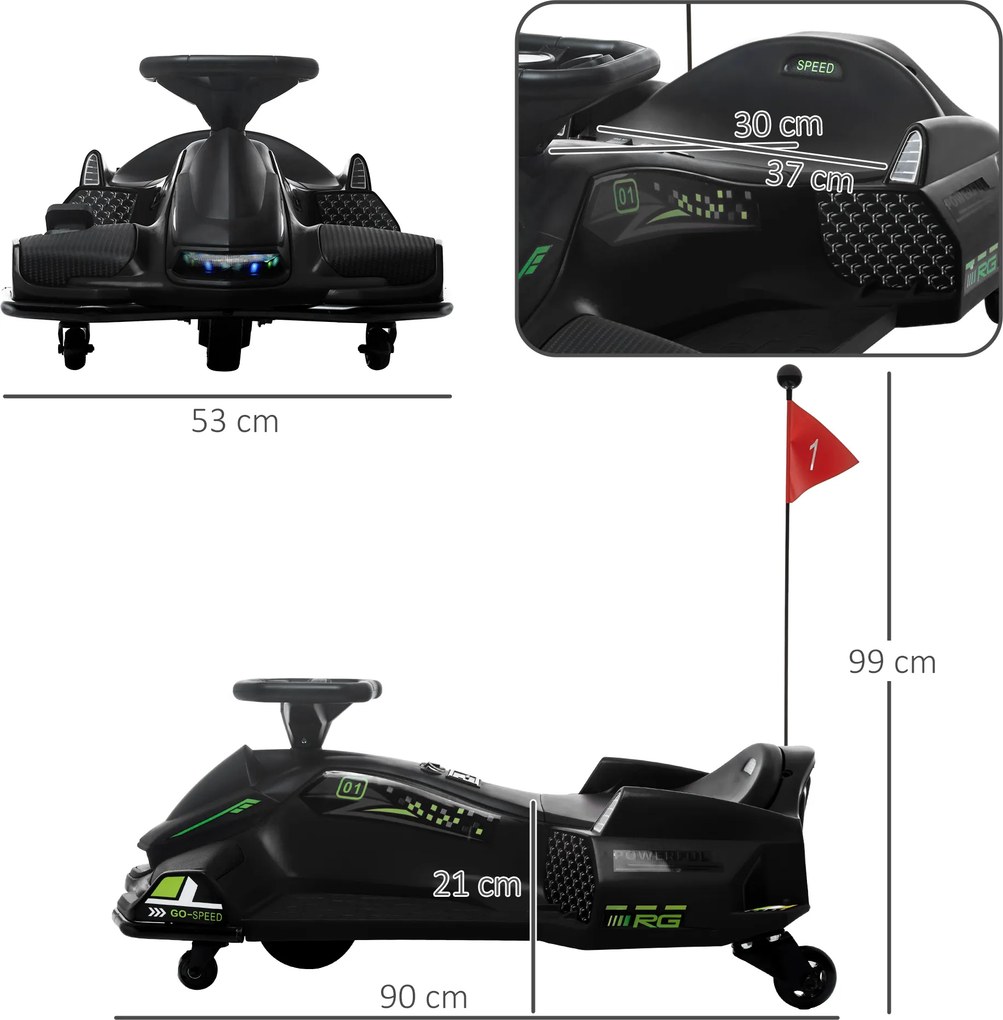 HOMCOM Elektryczny Gokart dla Dzieci, Koła z Ekoskóry, 3-8 km/h, ze Światłami i Muzyką, Czarny