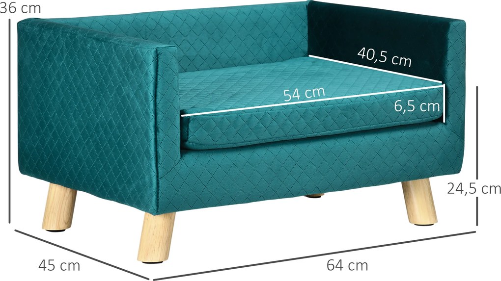 PawHut Sofa dla psa łóżko dla psa kanapa z weluru z oparciem, nogi drewniane, poduszka, do 8 kg 64 x 45 x 36 cm Niebieski | Aosom PL
