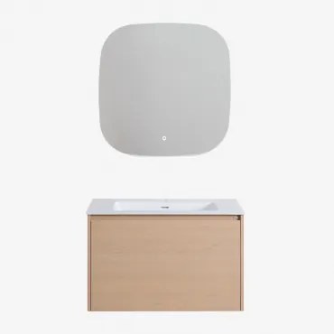 Zestaw Mebli Łazienkowych Z Drewna Z Wbudowaną Umywalką Jacob Naturalna & Kwadratowa Lampa Led I Przeciwmgielna 75x75 Cm Riben & Bez Kranu - Sklum