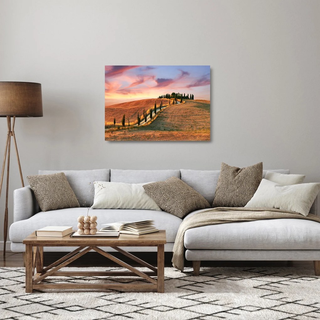 Obraz na szkle - Dom na wzgórzu, Toskania, Włochy (70x50 cm)