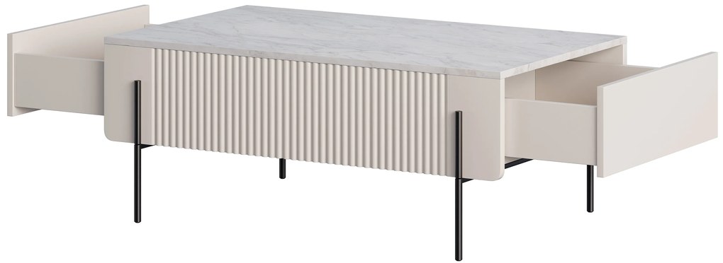 Stolik kawowy z szufladami Malmi 100 cm - kaszmir / crema bianca / czarne nóżki