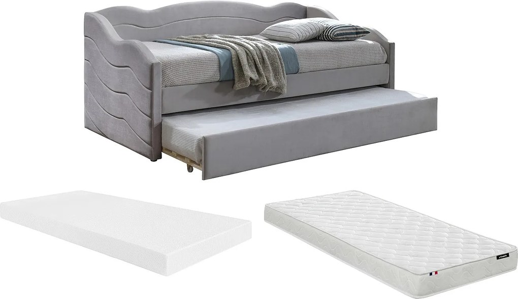 Wysuwane łóżko 2 × 90 × 190 cm – welurowe – kolor beżowy z materacem – LENVIA