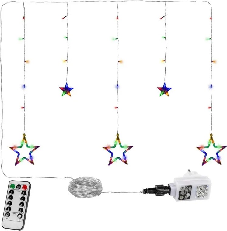 Świąteczna kurtyna 5 gwiazdek, 61 LED, kolorowa, pilot