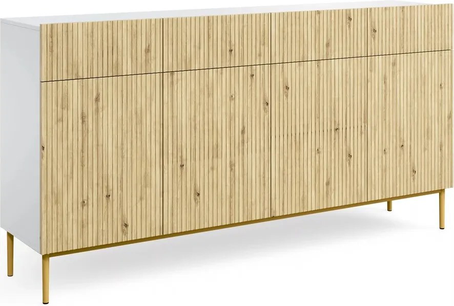 Komoda czterodrzwiowa Nicole 200 cm z szufladami - biały / dąb artisan / złote nóżki