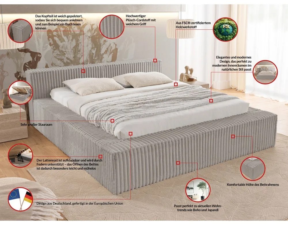 Szare tapicerowane łóżko dwuosobowe ze schowkiem ze stelażem 160x200 cm Cloe – Ropez