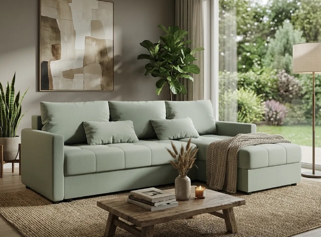 Rozkładana dwustronna sofa narożna do L VENORIA 220x143 cm, jasny zielony + 2 poduszki GRATIS