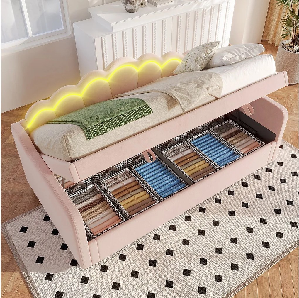 Łóżko z pojemnikiem 90x200 cm - Łóżko dziecięce z taśmą świetlną LED zmieniającą kolor - Różowy aksamit - Bez materaca