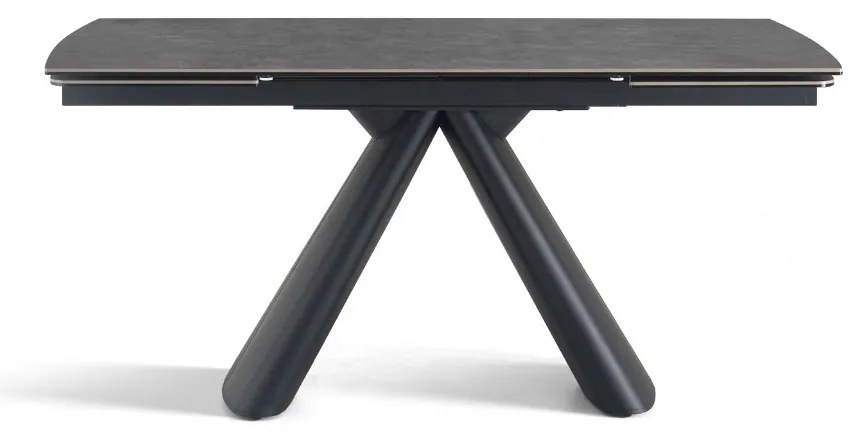 Elegancki stół z szarym ceramicznym blatem na hartowanym szkle. Metalowa podstawa z czarnej stali nadaje mu nowoczesny charakter i wyjątkową trwałość.