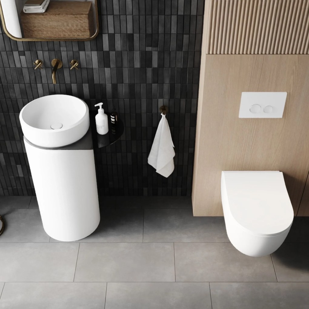 Zestaw łazienkowy z umywalką RONA z półką, miską wc, stelażem i przyciskiem | Różne kolory : Kolor zestawu - Biały połysk, Podłączenie syfonu - Do ściany