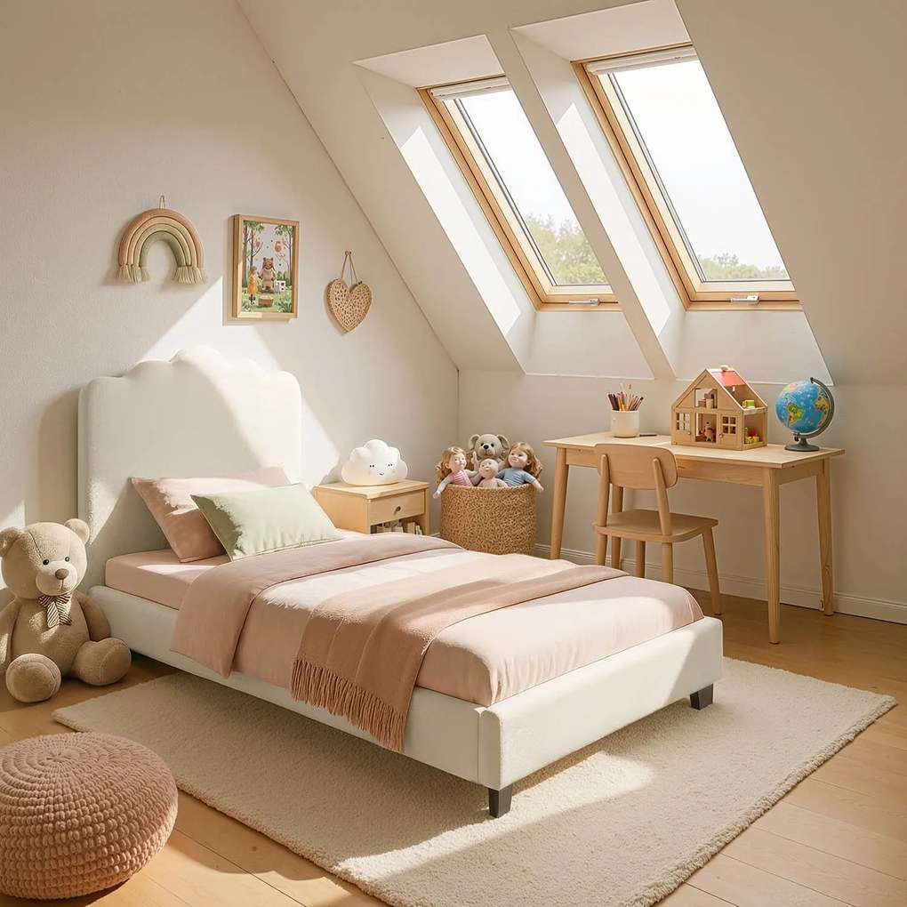 Łóżko Tapicerowane 90x200 cm CRATER ze Stelażem Młodzieżowe Boucle Kremowe