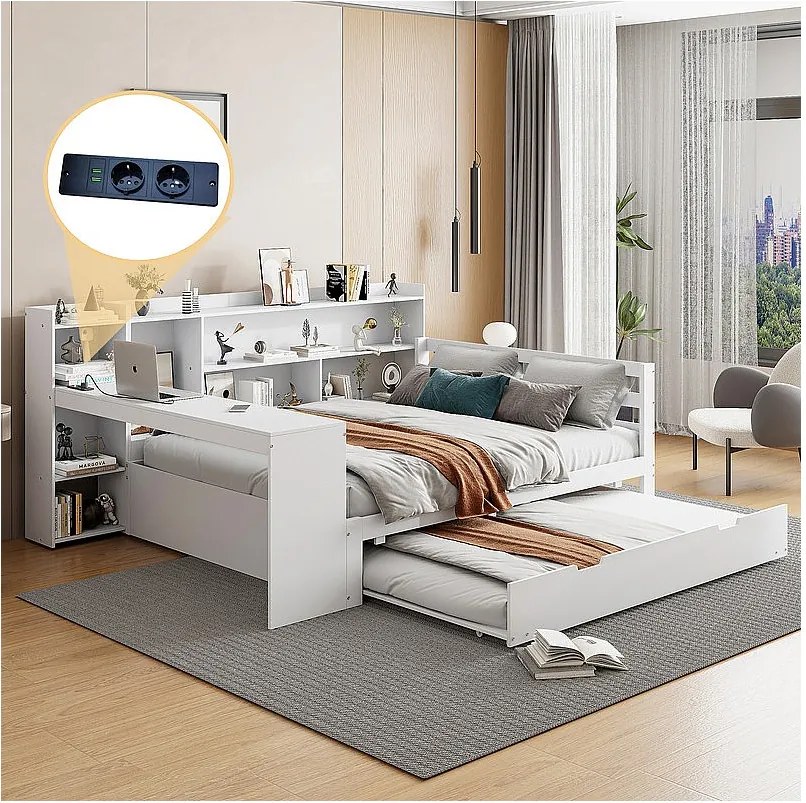 Sofa z funkcją spania z litego drewna 140x200 cm - z biurkiem + regałem - schowkami + półkami - z gniazdkami - z łóżkiem wysuwanym - biała