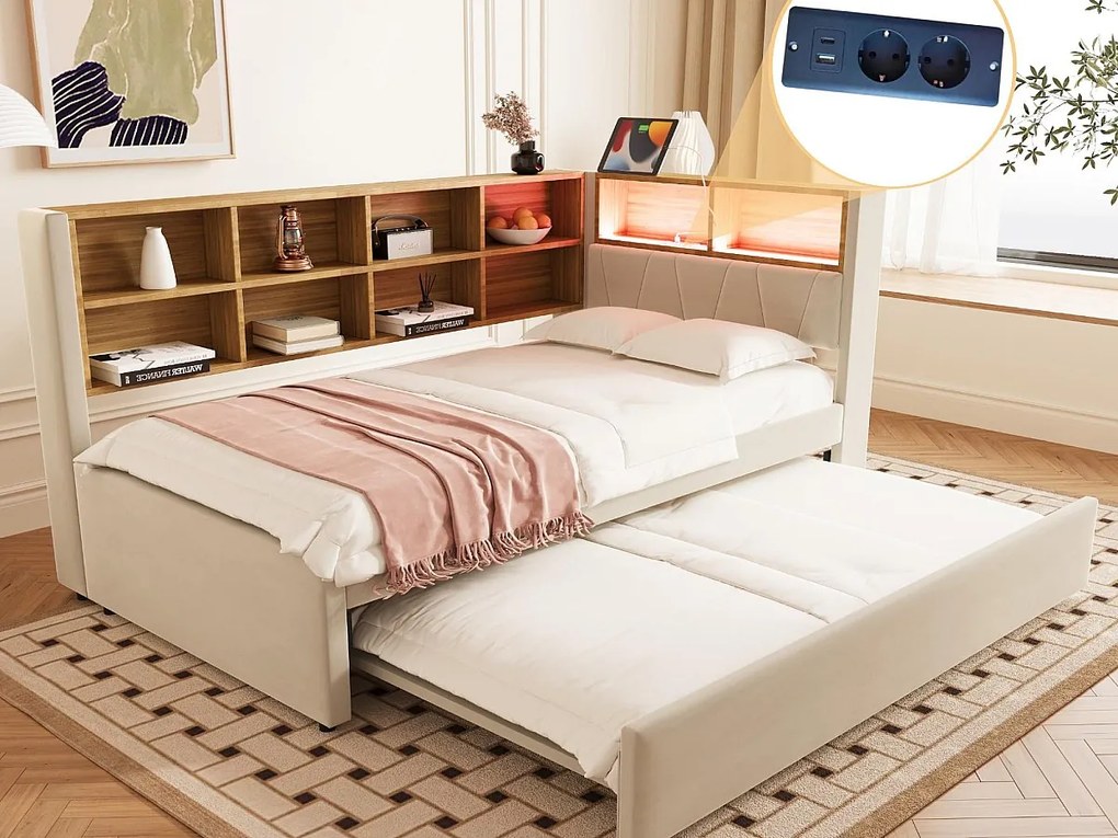 Kanapa rozkładana 90x200 - z łóżkiem wysuwanym 90x190 cm - z gniazdem USB - liczne schowki - tapicerowane łóżko - beżowe (materac nie wliczony)