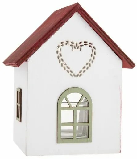 Drewniany świecznik ze szkłem Domek z serduszkiem, 15 cm, czerwony