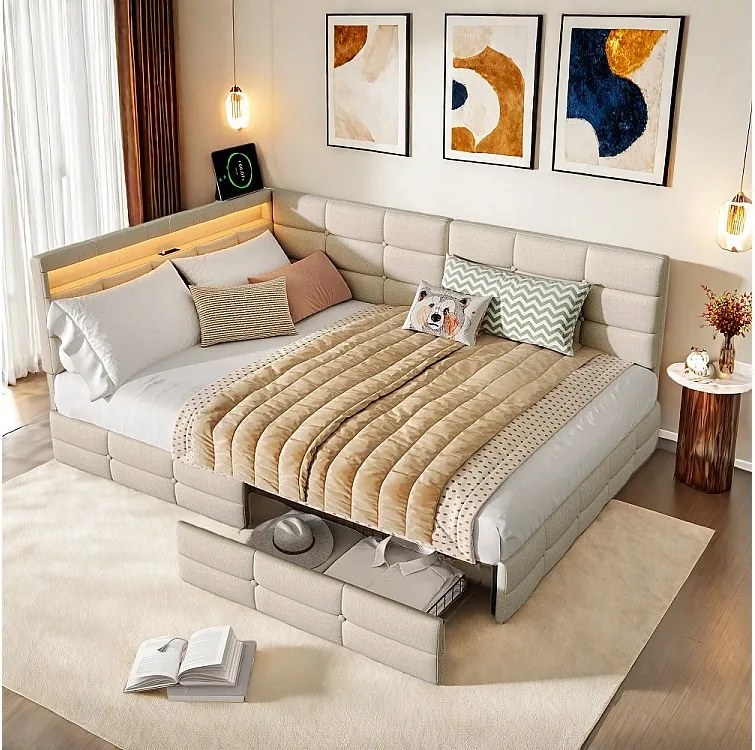 Ramka łóżka w kształcie litery L z oświetleniem LED, 2 szufladami i funkcją ładowania - 140 x 190 cm - Beżowy