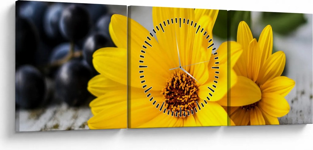 Obraz żółtych kwiatów (z zegarem) (90x30 cm)