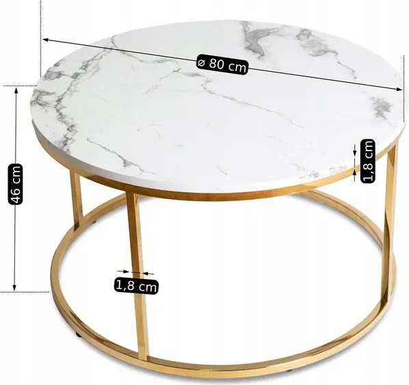 Stolik Kawowy CLIFF MAX 80 cm Biały Marmur/Złoty Glamour