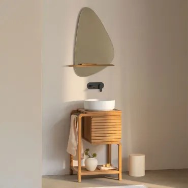 Zestaw Mebli Łazienkowych Z Drewna Tekowego Bradley Okrągły Ceramiczny Biały Ø40 Cm Lenka & Czarny Matowy Zlewozmywak Wpuszczany Z Zaworem Spustowym B