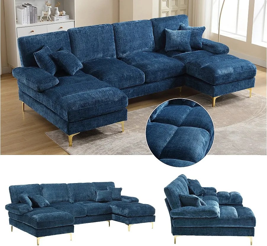 Nowoczesna sofa w kształcie litery U - 272 x 136 x 88 cm - z 2 rozkładanymi siedziskami do salonu i sypialni - Chenille - niebieska