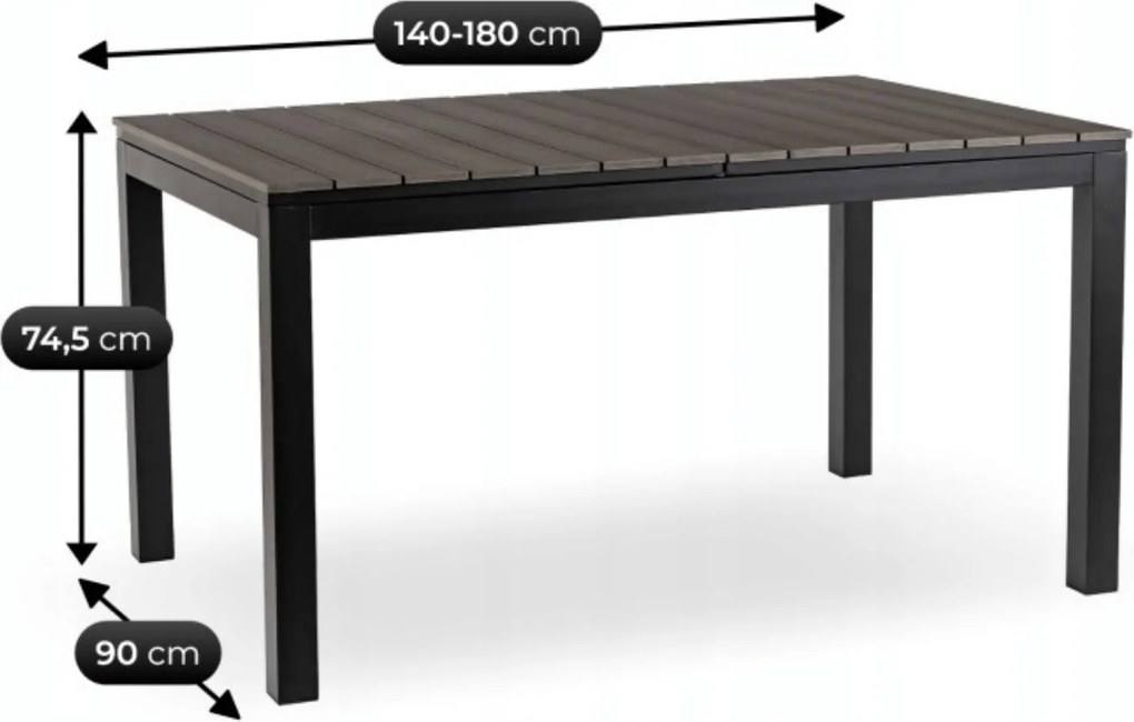 Zestaw Mebli Ogrodowych Stół ARGOS 140-180 cm Ciemnoszary Dąb/Czarny i 6x Fotel FRESNO Czarny Technorattan Nowoczesny