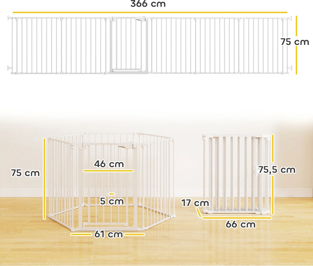 PawHut Ogrodzenie dla zwierząt, 6-panelowa bariera z drzwiami, składana, dla małych i średnich psów, tworzywo sztuczne, stal węglowa, Biały