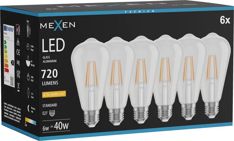 Mexen Vintis 6x żarówka filament LED E27, ST64, 6W, Ciepła - 2200K, 720 lm, clear - L152-E27-0622-00x06
