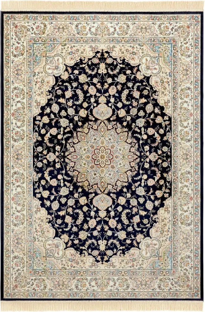 Dywan elegancki Naveh orientalny z frędzlami Medalion Granatowo-Kremowy 95 cm x 140 cm