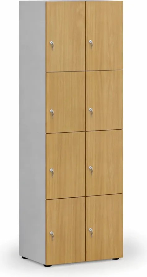 Drewniana szafka skrytkowa S4, 8 schowków, demontaż, zamek cylindryczny, szary/buk