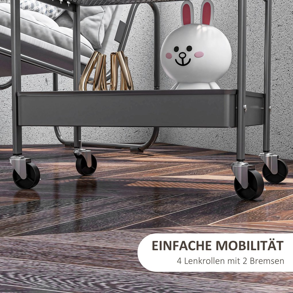 HOMCOM Wózek Kuchenny na Kółkach z 3 Poziomami i 2 Koszami Ciemnoszary | Aosom PL