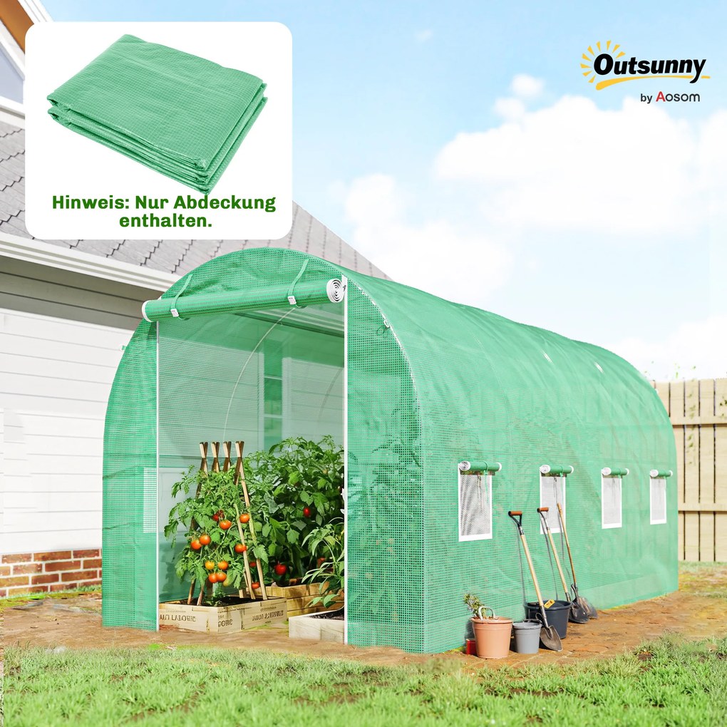 Outsunny Folia do szklarni 4 x 2 m, wodoodporna plandeka z drzwiami, 8 okien, ochrona UV, odporna, polietylen, zielona | Aosom PL
