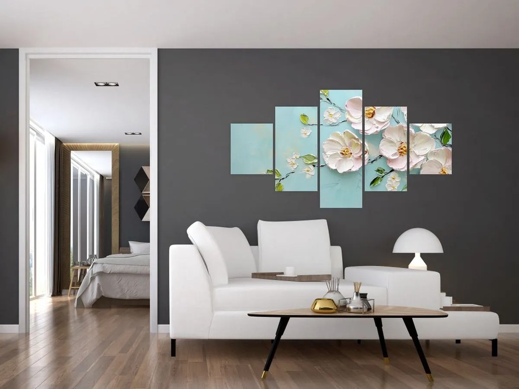 Obraz - Kwiatki na niebieskim tle (125x70 cm)