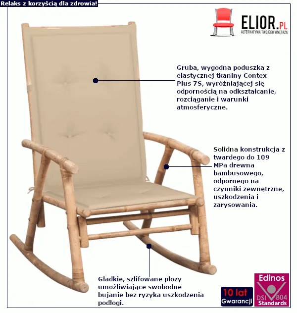 Bujany fotel ogrodowy drewniany z beżową poduszką - Stella