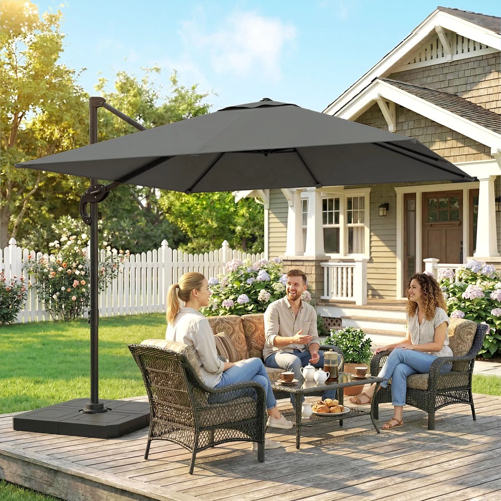 Outsunny Aluminiowy parasol ogrodowy Ø244cm z korbą, stojakiem, wodoodporny, obrotowy 360°, ciemnoszary | Aosom PL