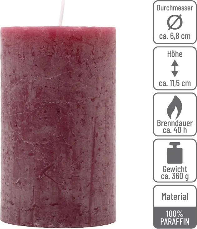 Zestaw świec rustykalnych, 11,5 cm, Ø 6,8 cm, bordowy, 12 sz