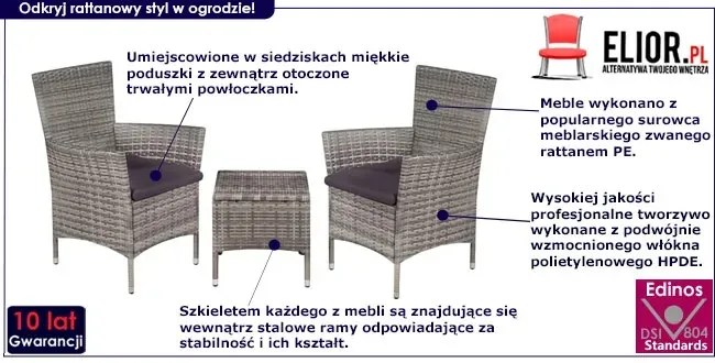 Szary 3-częściowy zestaw mebli ogrodowych bistro – Aser