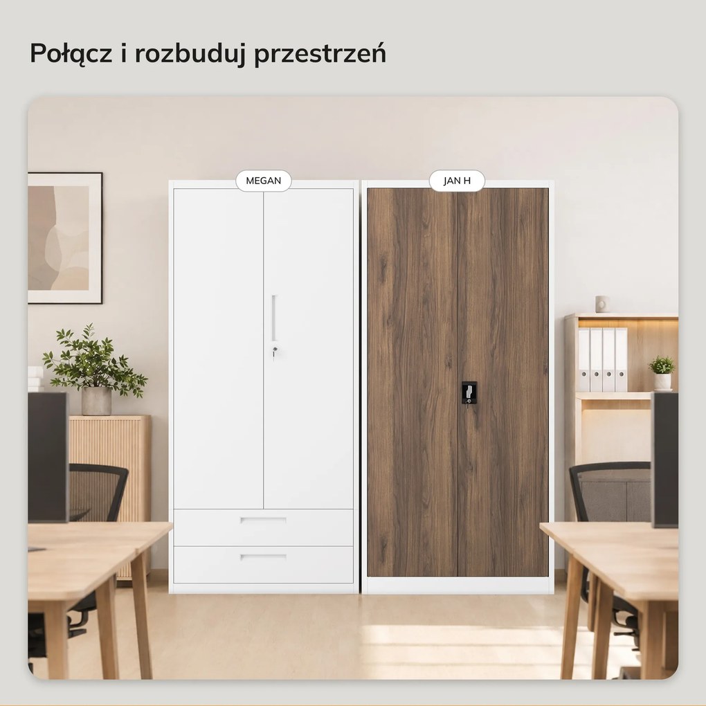 Szafa biurowa metalowa wysoka na dokumenty biała/orzech, 900x1950x400 mm: JAN H Eco Design
