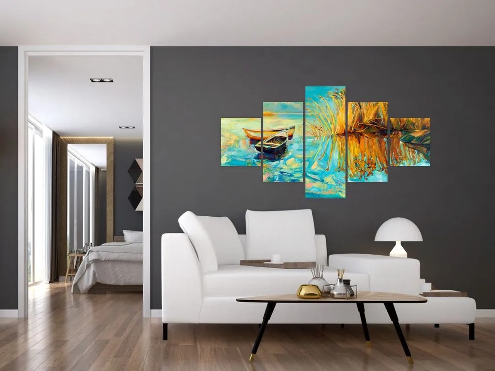 Obraz - Jezioro z łodziami (125x70 cm)