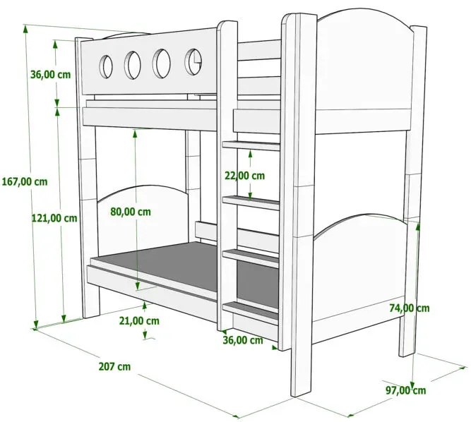 Różowe piętrowe łóżko z białymi barierkami - Mimi 3X 200x90 cm