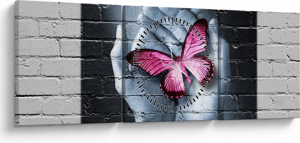 Obraz - Różowy motyl w ścianie (z zegarem) (90x30 cm)