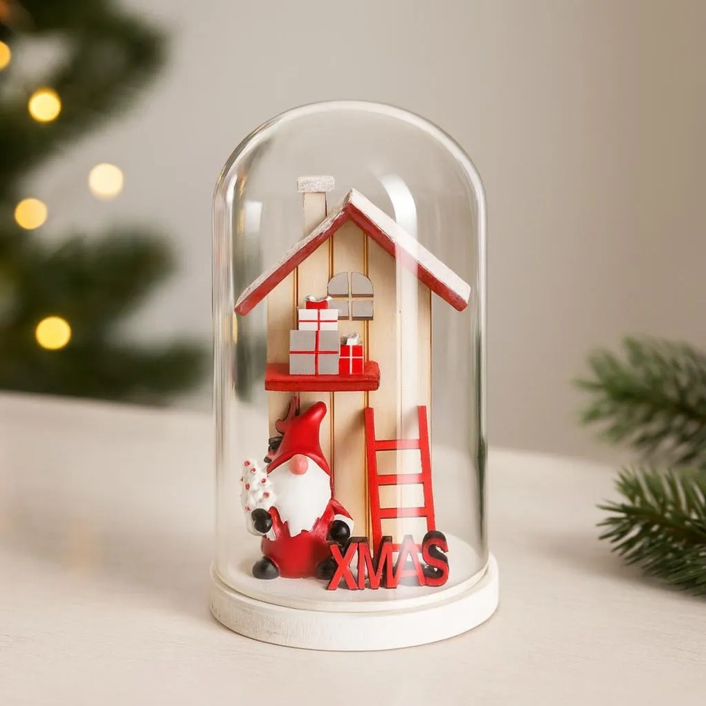 Kopuła szklana z drewnianym domkiem świątecznym, 12 cm