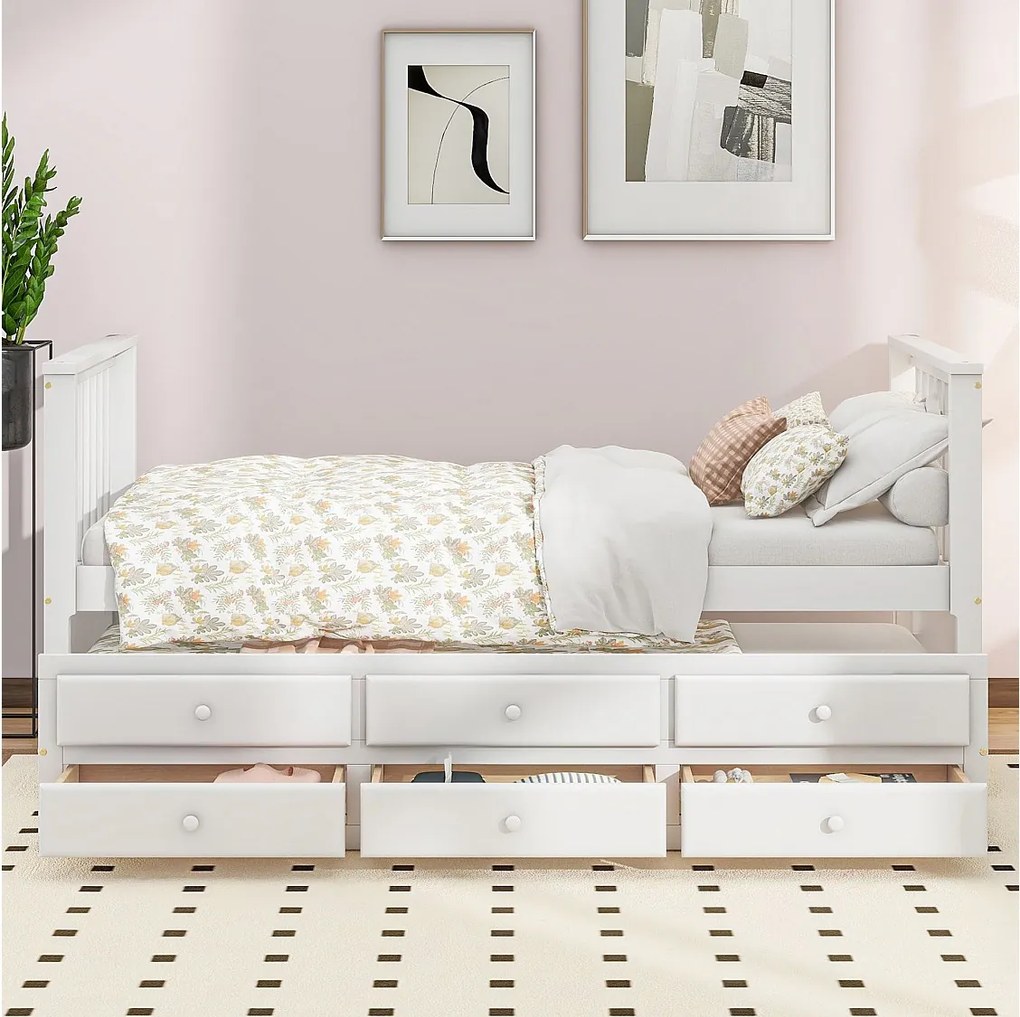 Łóżko wysuwane 90 x 200 cm + 90 x 190 cm z 3 szufladami - Drewno lite + MDF - Stelaż listwowy - Biały (bez materaca)