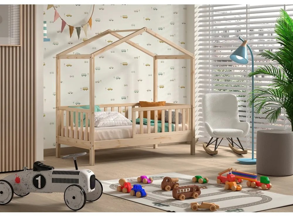 Łóżko dziecięce z litego drewna sosnowego w kształcie domku ze stelażem 70x140 cm DALLAS – Vipack