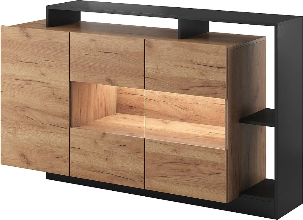 Komoda witryna do salonu, dąb craft / antracyt, 155 x 44 x 93,5 cm