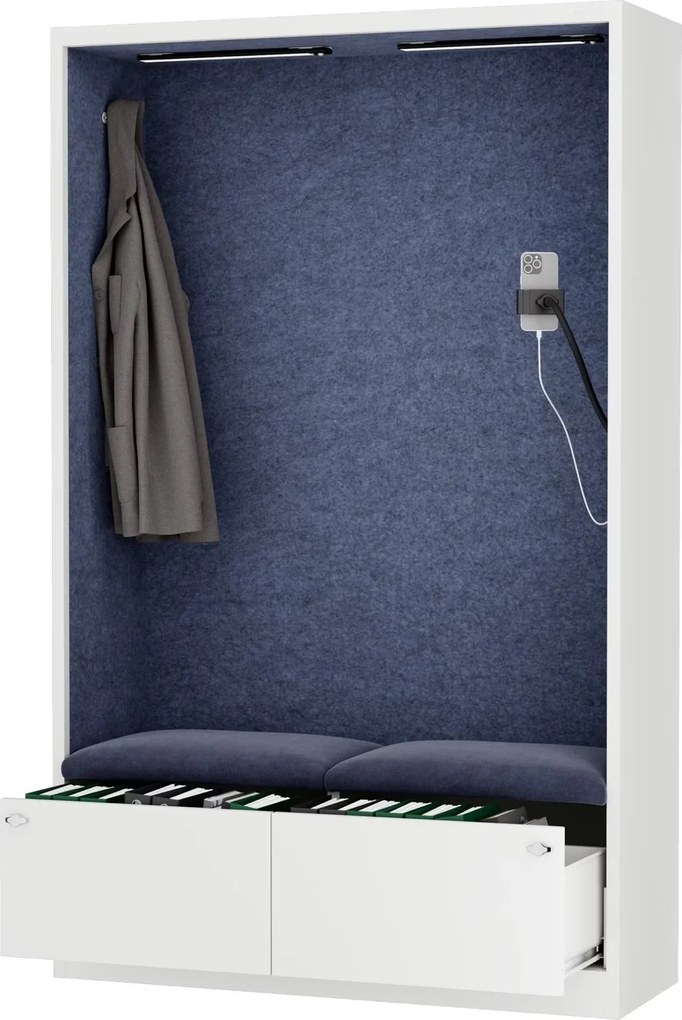 Szafa akustyczna do biura i szkoły Sally MentalBox, 115 x 40 x 185 cm, biały/granatowy