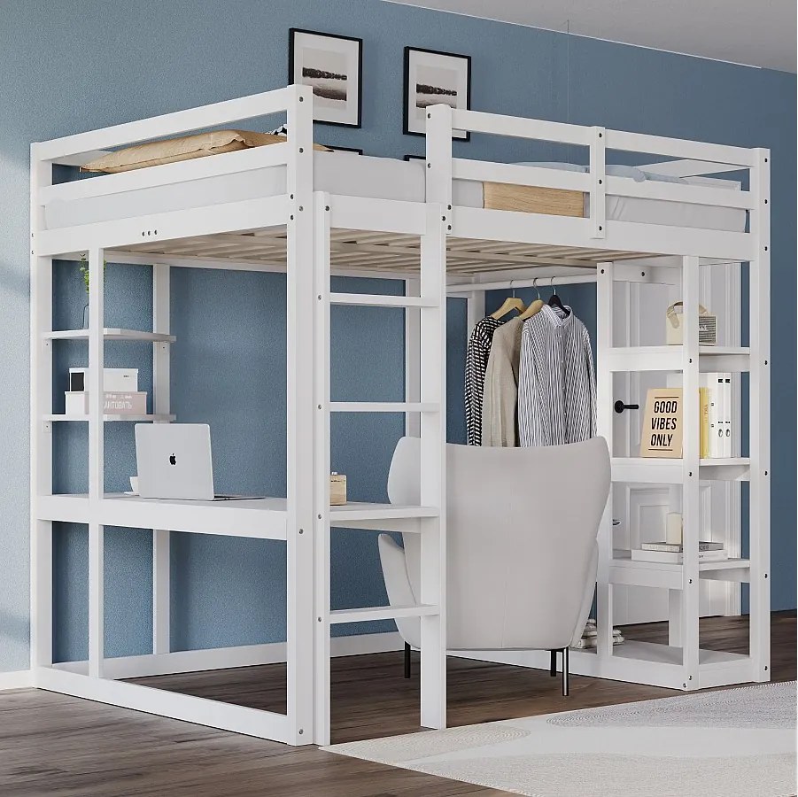 Łóżko piętrowe dla dzieci - 140 x 200 cm - z drabinką + stolik + półki + wieszaki - drewno + płyta MDF - białe