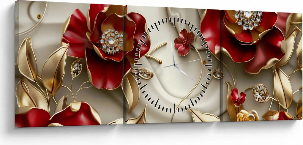 Obraz - 3D czerwono-złote kwiaty (z zegarem) (90x30 cm)