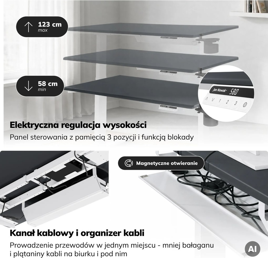Biurko elektryczne z regulacją wysokości ergonomiczne biało-antracytowe,1200x600 mm: ARIA