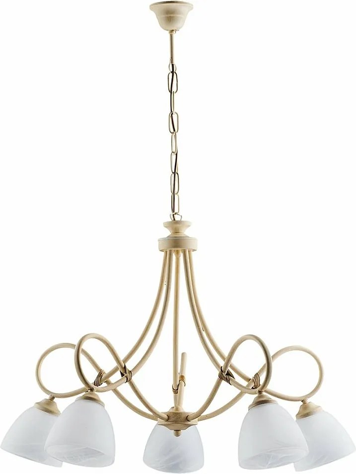 Dallas żyrandol 5 świateł, kość słoniowa lakierowane żelazo, stare złoto, klosze alabastrowe Ø13 cm
